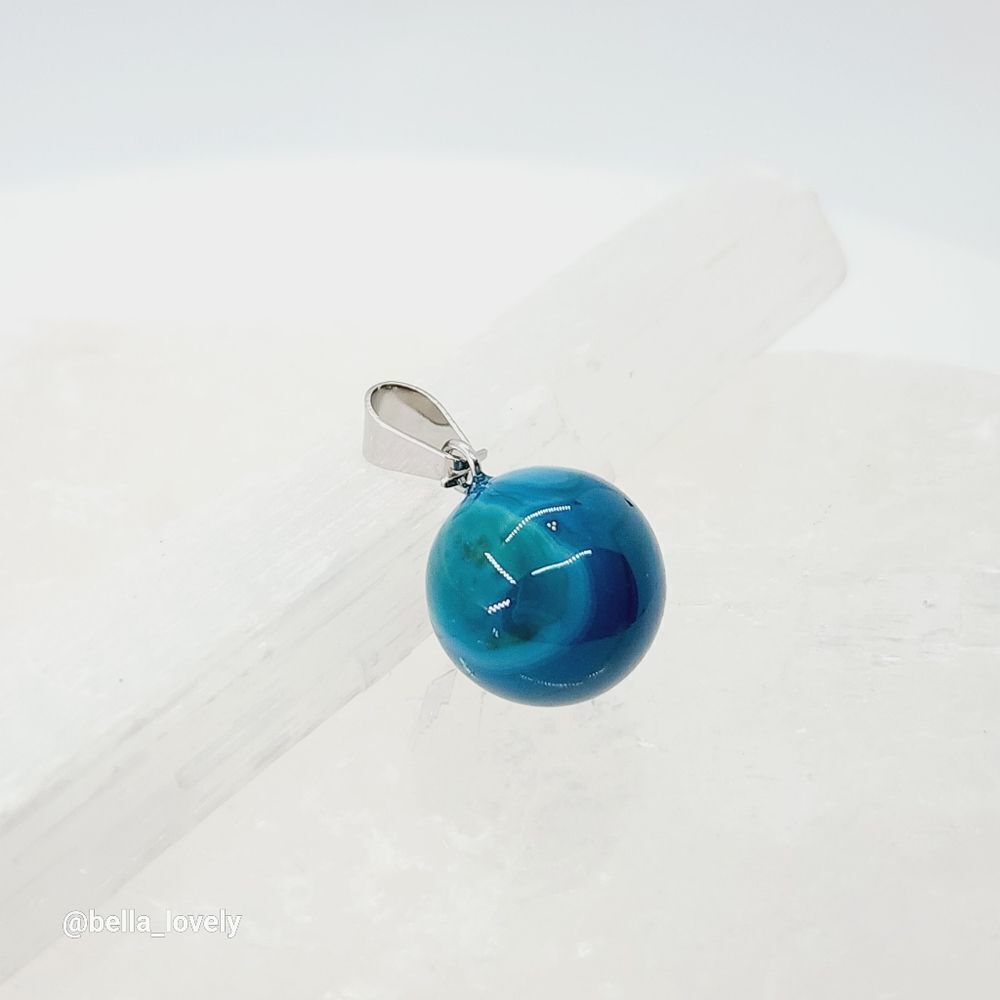 Blue Agate Crystal Stone Ball Pendant Prism Magic Handmade .97" Hippie Healing